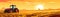 Tractor Harvesting Wheat In Vast Golden Field At Dawn Illustration. Panoramic Banner. Generative AI