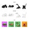 Tractor, hay balancer and other agricultural devices. Agricultural machinery set collection icons in black,flat,outline