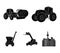 Tractor, hay balancer and other agricultural devices. Agricultural machinery set collection icons in black style vector
