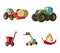 Tractor, hay balancer and other agricultural devices. Agricultural machinery set collection icons in cartoon style