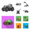 Tractor, hay balancer and other agricultural devices. Agricultural machinery set collection icons in monochrome,flat