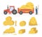 Tractor with hay cartoon illustration. Vector set of hay icons set isolated on white background. Straw, haystack and