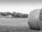 Tractor and Hay Roll in a Field in Black and White