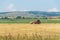 Tractor lifting hay bale on barrow