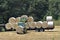 A tractor loads fresh hay on a trailer