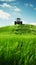 Tractor Mowing Lush Green Hill under Blue Sky. Generative ai