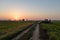 Tractor parked on a green rice field plain landscape with rural gravel track with a sun rising sky