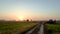 Tractor parked on a green rice field plain landscape with rural gravel track with a sun rising sky