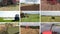 Tractor plow spray field, cut grass, harvest wheat. Collage