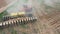 Tractor preparing land for sowing sixteen rows aerial, concept of cultivation, sowing, plowing field, tractor and production autom