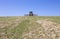 Tractor raking hay over sloped ground