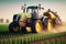 Tractor spraying crops field. Soybean field harvest. Farming concept.