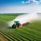 Tractor spraying pesticides fertilizer on soybean crops farm field in spring Smart Farming Technology and Sustainable