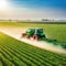 Tractor spraying pesticides fertilizer on soybean crops farm field in spring Smart Farming Technology and Sustainable