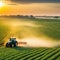 Tractor spraying pesticides fertilizer on soybean crops farm field in spring Smart Farming Technology and Sustainable