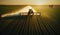 Tractor spraying pesticides on soy field with sprayer at sunset. Harvesting. Sowing the crop. Field processing. generated ai