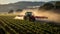 Tractor spraying pesticides on a vast green soybean plantation during the early morning hours. AI Generated