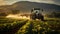 Tractor spraying pesticides on a vast green soybean plantation during the early morning hours. AI Generated.