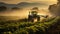 Tractor spraying pesticides on a vast green soybean plantation during the early morning hours. AI Generated