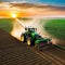 A tractor sprays an agricultural field with fertilizer on a sunset Drone Illustration by
