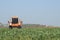 Tractor sprays Chemistry and Pesticides to a Farm\'s Field with vegetables