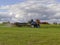 Tractor throwing cow manure on a meadow in autumn