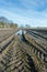 Tractor tracks and puddles in muddy Belgian farmland.