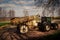 Tractor with trailer fertilizer-sprayer on country road