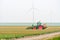 Tractor working on the tulip field