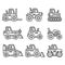 Tractors, Farm and Buildings Machines Icons Set. Line Style Vector