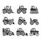 Tractors, Farm and Buildings Machines Icons Set. Vector