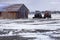 Tractors on Farm Near Old Barn Building Farming Equipment