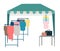 Trade tent with clothes flat vector illustration. Street market, fair awning. Outdoor local clothing store, shop cartoon concept
