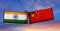 Trade war. Two freight containers with China and india flag crashing into eachother. 3D Rendering