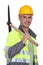 Tradesman carrying a pickaxe