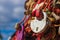 Tradition of hanging locks on a bridge. A wedding castle with the inscription