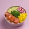 Traditiona Hawaiian red fish poke bowl with rice, radish,cucumber, tomato, and seaweeds. Buddha bowl. Diet food. Flat lay