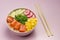 Traditiona Hawaiian red fish poke bowl with rice, radish,cucumber, tomato, and seaweeds. Buddha bowl. Diet food. Flat lay. Bamboo