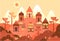 Traditional african mud house grass, well, hill, tree - Flat cartoon panorama illustration in orange color