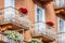 Traditional alpine houses with flowers on balcony, Cortina d\'Amp