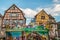 Traditional Alsatian half-timbered houses decorated in winter holidays in Colmar