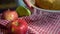 Traditional american apple pie on kitchen table. Closeup. Autumn dessert