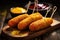 Traditional American corn dogs with mustard and ketchup on wooden board