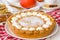 Traditional American pumpkin pie with whipped cream. Thanksgiving cake.