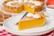 Traditional American pumpkin whipped cream pie. Thanksgiving cake.