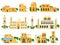 Traditional ancient arabic architecture mud brick buildings. Towers, houses, rotunda and castle buildings vector illustration set