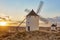 Traditional antique windmills at sunset in Spain. Consuegra, Toledo