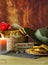 Traditional ANZAC biscuits with Australian Army Slouch Hat with copy space.