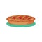 Traditional apple pie on turquoise plate. Delicious fruit dessert. Colorful food icon. Cartoon flat vector element for