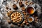 Traditional Arabic dessert with nuts and honey, cup of tea on a concrete table. Top view, copy space Generated Ai